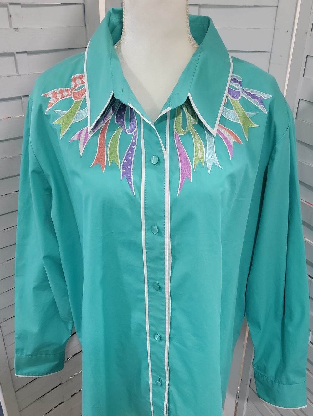 Bob Mackie Vintage Teal Ribbon Button Up Blouse Size 2X